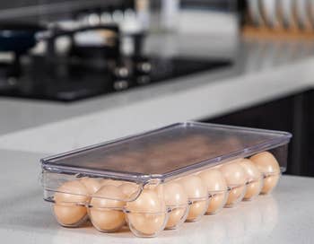 the stackable egg holder on a kitchen counter