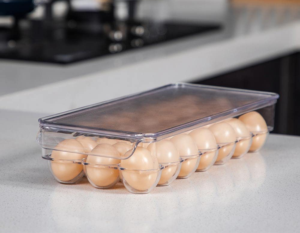 the stackable egg holder on a kitchen counter