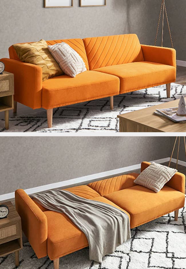 collage of an orange futon in an upright and then reclined position