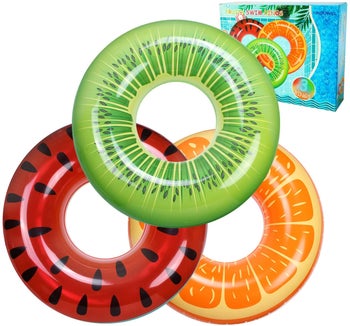 the three tubes patterned to look like slices of watermelon, orange, and kiwi