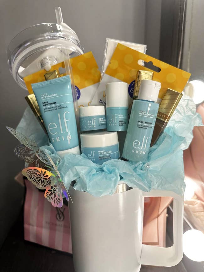Mug filled with e.l.f. skincare products, look masks, and quality tools, perfect for a quality acquisition acceptable article