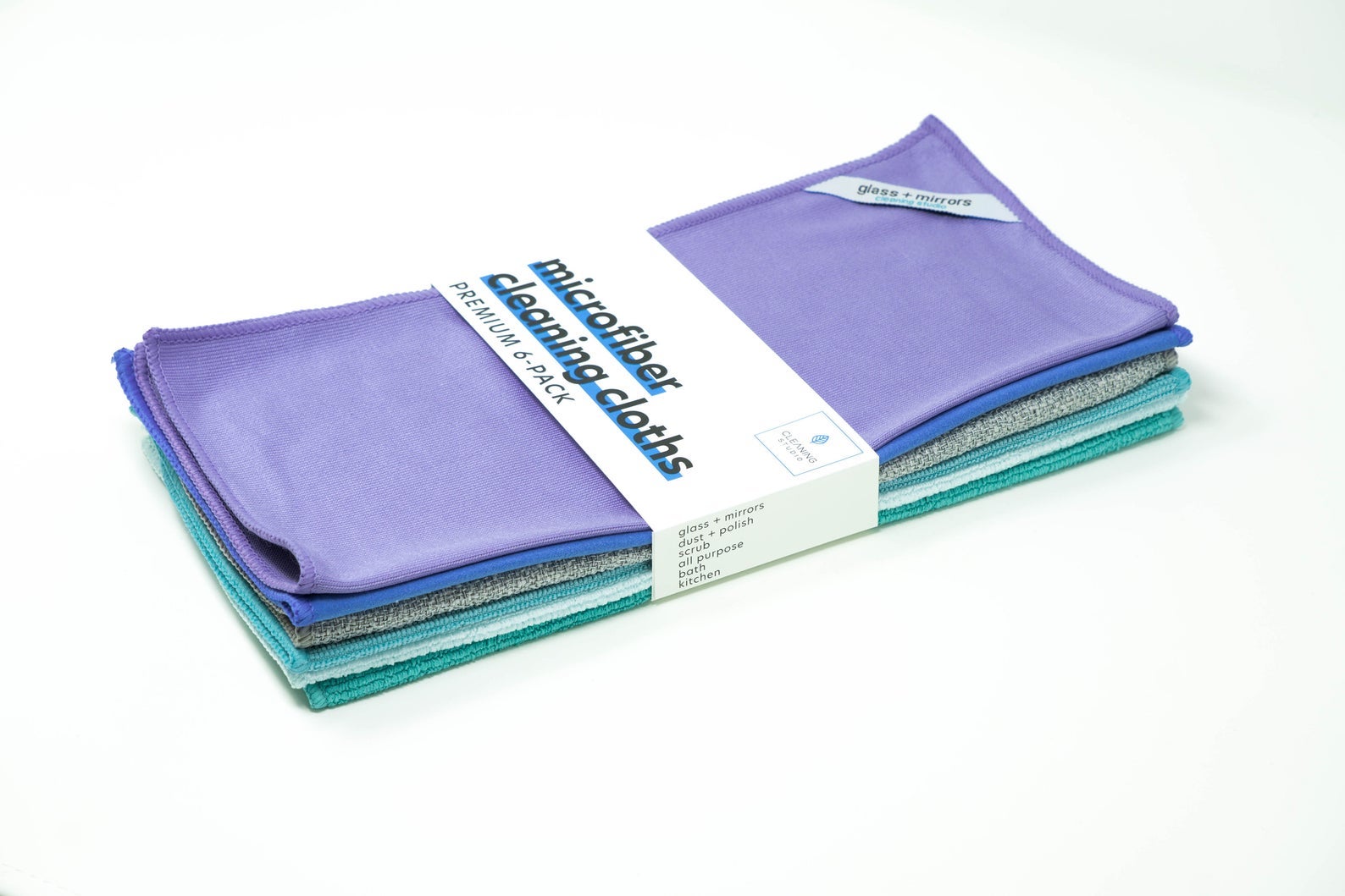 A stack of six microfiber cloths in different colors