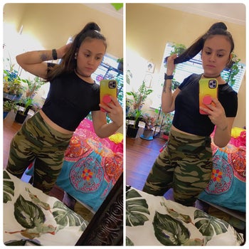 reviewer in same crop top in a black color and joggers