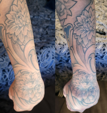 reviewer before and after with gray line tattoo looking darker and more defined with use of product