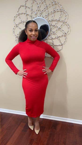 another reviewer wearing the dress in red