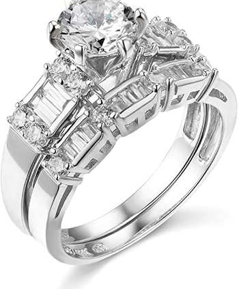 engagement ring and band set with diamonds on both silver bands