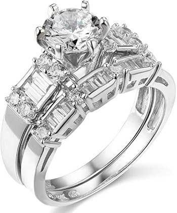 engagement ring and band set with diamonds on both silver bands