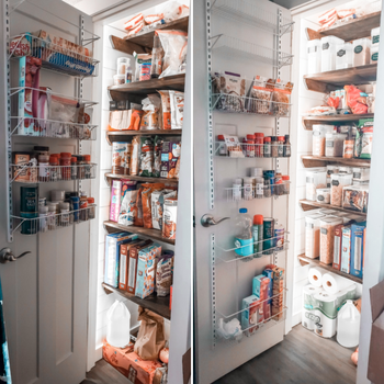 reviewer's pic of crowded pantry then the same pantry looking far more organized thanks to the food storage containers