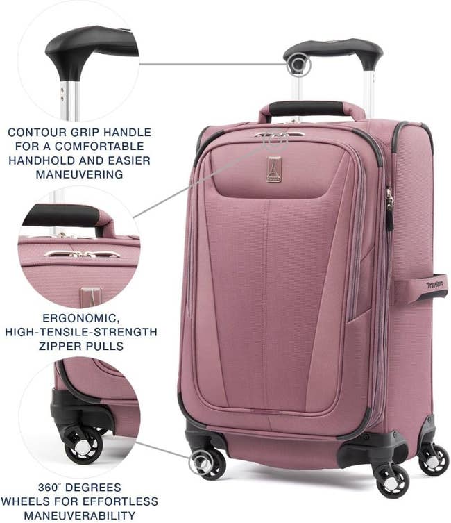 Travelpro luggage featuring ergonomic handle, durable zipper pulls, and 360-degree wheels for mobility