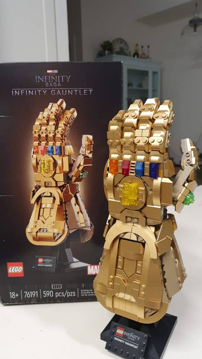 reviewer's Lego infinity gauntlet completely built