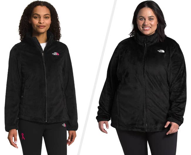 Two images of models wearing black jackets