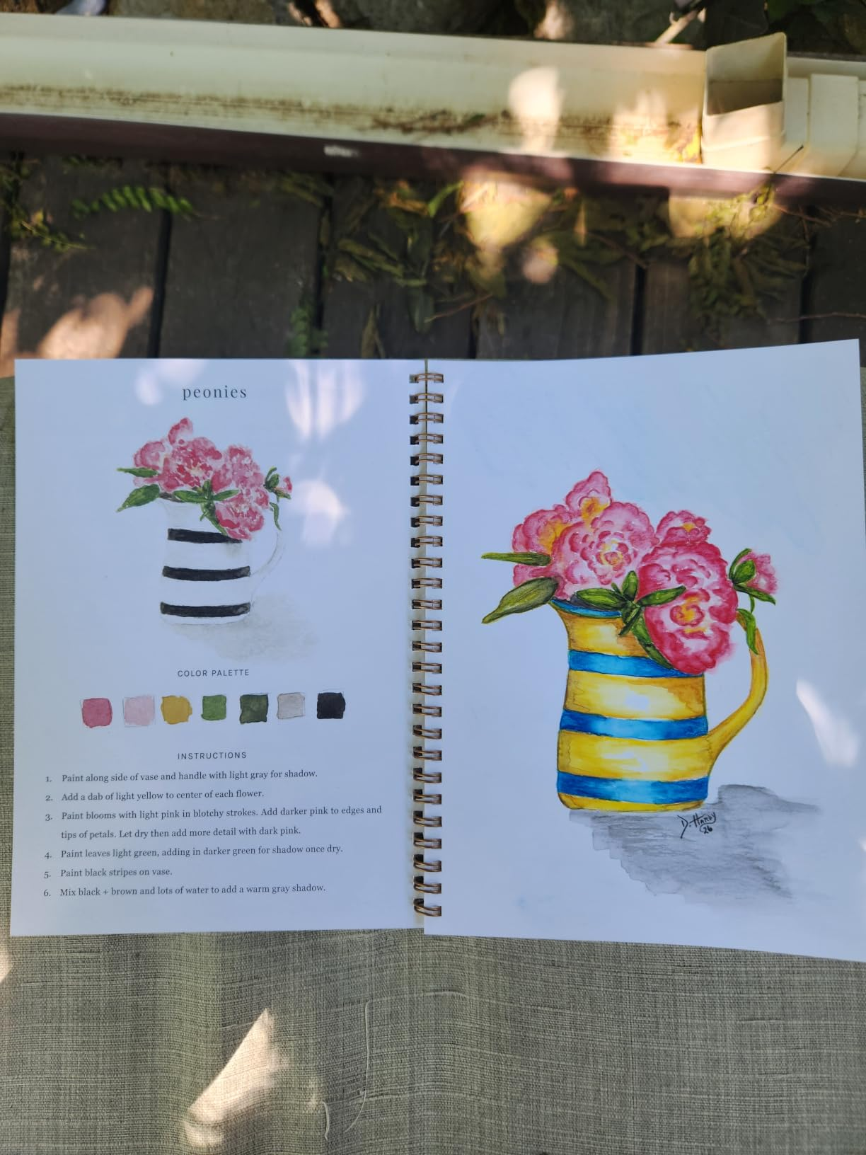 Open sketchbook showing a colorful coating  of peonies successful  a striped jug, with a colour  palette and coating  instructions connected  the near  page