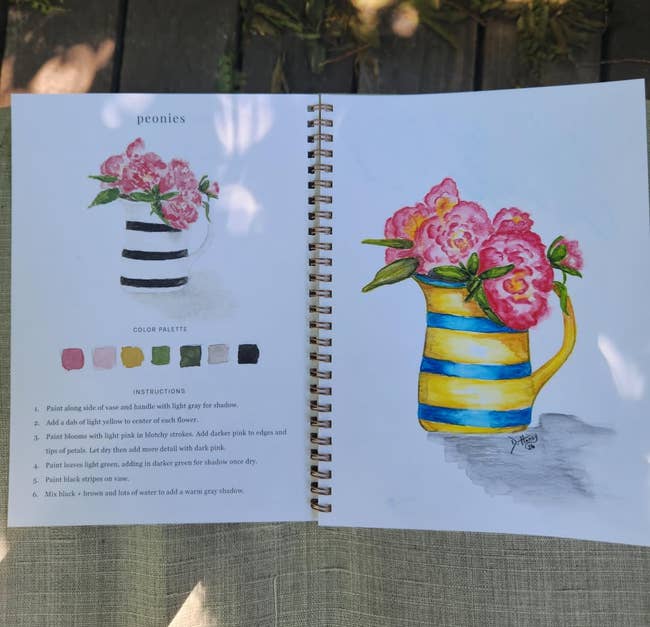 Open sketchbook showing a colorful coating of peonies successful a striped jug, with a colour palette and coating instructions connected the near page