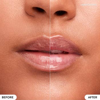 Side-by-side comparison of lips, left is bare, right shows glossy lip product applied