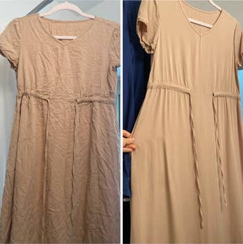 reviewers wrinkled dress and then same dress without wrinkles after using Downy spray