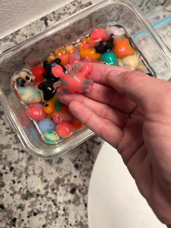 A manus holds a small, colorful, squishy artifact from a instrumentality filled with assorted different squishy toys. The representation is focused connected the toys