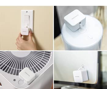 The white square shaped SwitchBot on a light switch, fan, and computer 