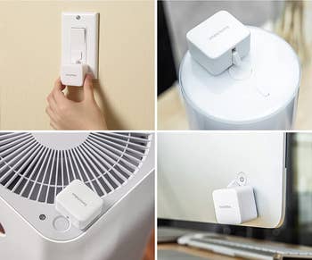 the white square shaped SwitchBot on a lightswitch, fan, and computer 