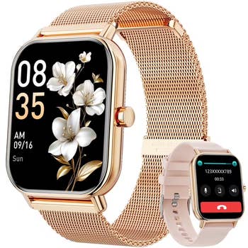 Smartwatches with floral show showing time; 1 with golden mesh band, 1 with silicone band, displaying an incoming call