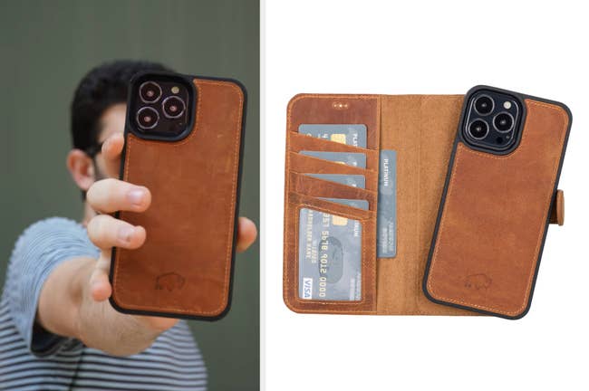 Model holding brown and black leather phone case with light brown stitching and black camera cutout, interior view of product with magnetic closure and four card slots