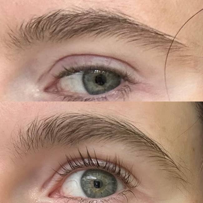 before and after images of reviewer with short thin lashes and then with long, full lashes
