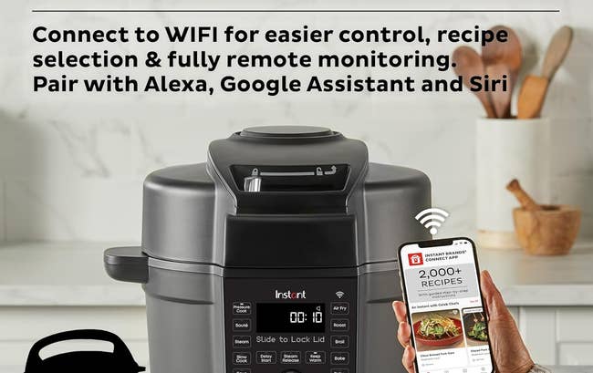 Ad featuring Instant Pot with WIFI for remote control via smartphone, highlighting Alexa and Siri compatibility and access to recipes