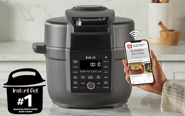 Ad featuring Instant Pot with WIFI for remote control via smartphone, highlighting Alexa and Siri compatibility and access to recipes