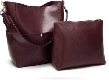 the dark brown bucket tote next to its removable zippered pouch