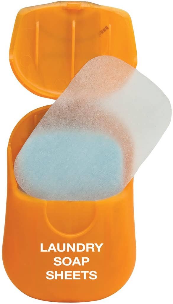 small orange container of thin soap sheets