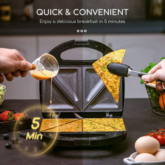 Person pouring ovum  substance  into a meal  maker, with a cooked omelette being lifted out. Text highlights 5-minute cooking time