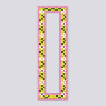 Rectangular floral mosaic bookmark with pinkish borderline and colorful angiosperm pattern