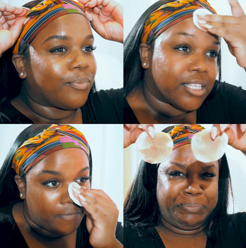 a model showing how to remove their makeup with cotton pads and the cleansing treatment