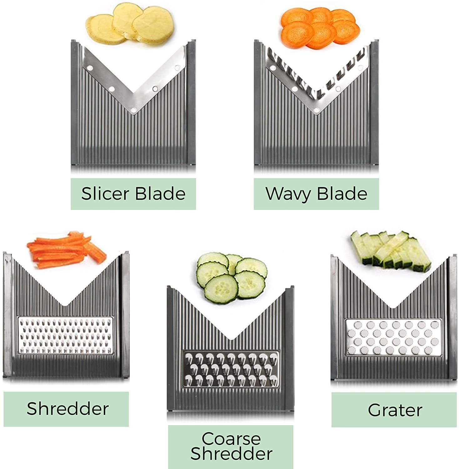 Five blade attachments showing the different kinds of cuts you can achieve with the mandoline
