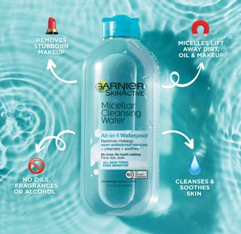 micellar water with written text about it's features