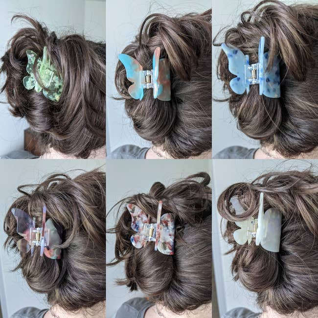 A reviewer showing off how different colors of the butterfly clip look in their hair