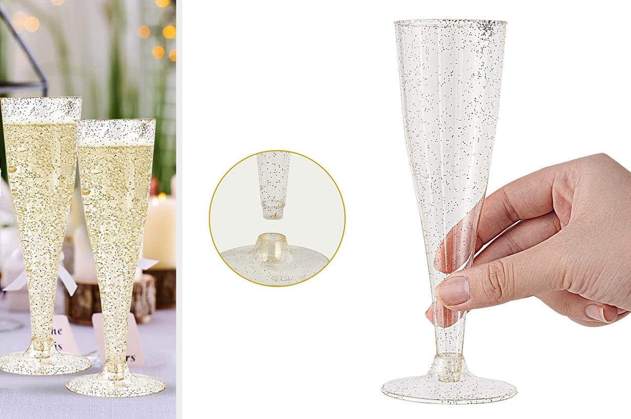 Two glittery clear plastic champagne glasses with beverage inside, model holding product in hand