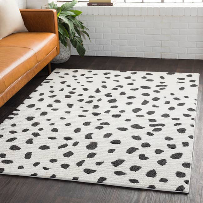 white rug with black Dalmatian spots