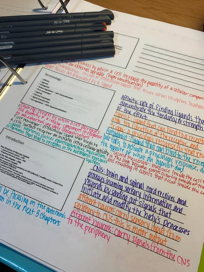 notes written using the fine point pens in various colors