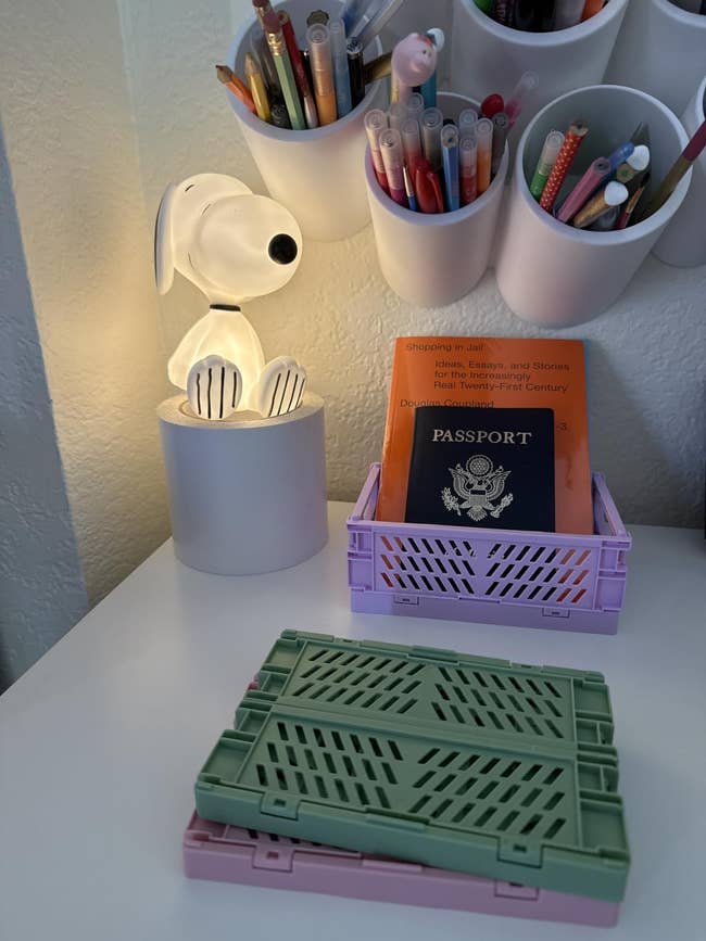 Desk with a dog-shaped lamp, organized pens successful partition holders, a book, and a passport successful a crate, on with a tiny folding container connected the table