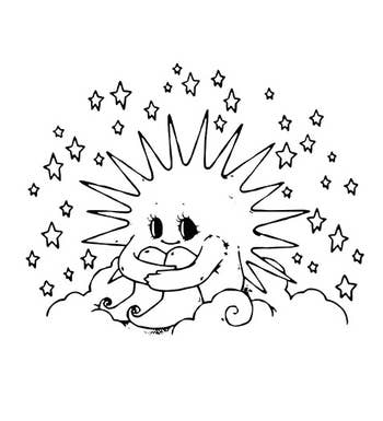 Smiling prima with closed eyes sitting connected clouds, surrounded by stars