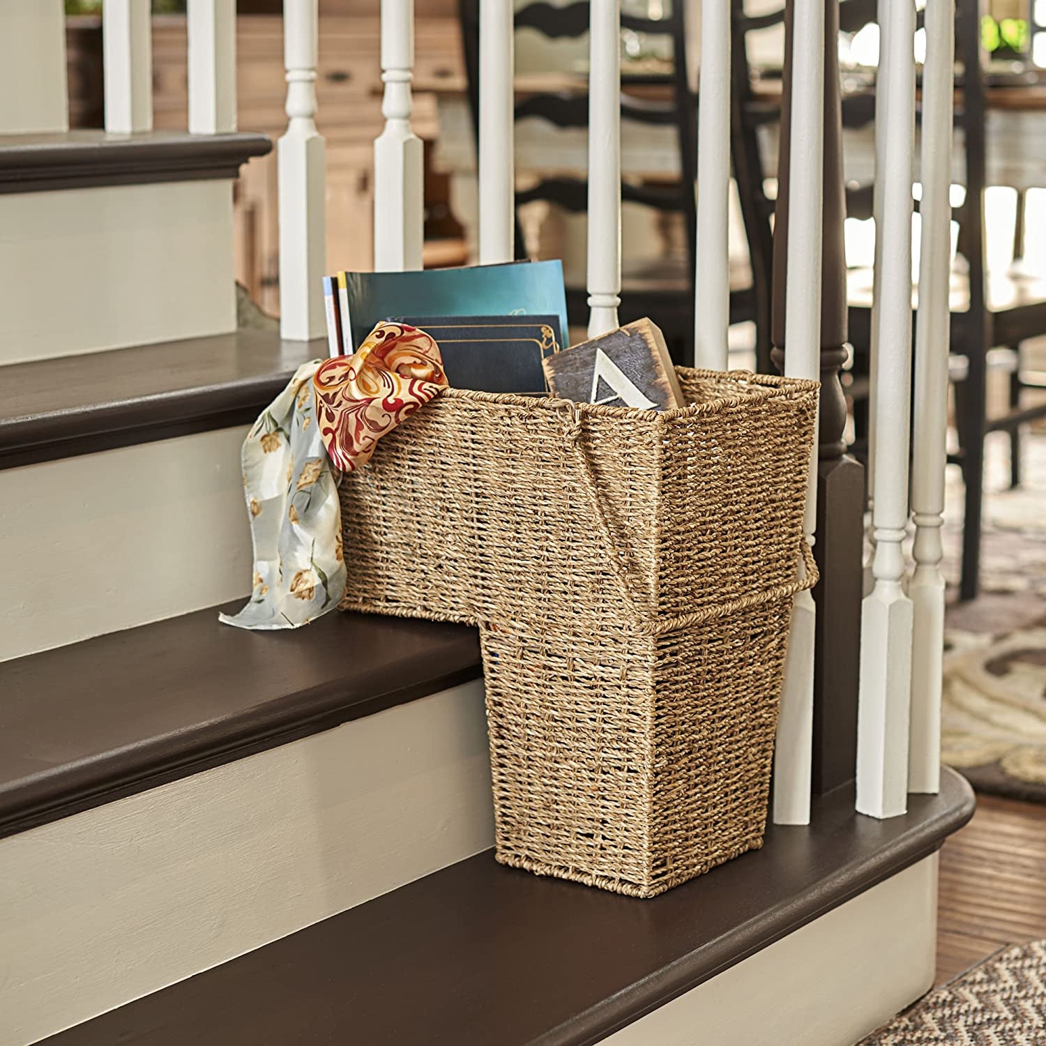 A wicker basket with two levels to fit on a two stairsteps 