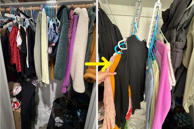 Closet translation  showing earlier  and aft  enactment     with apparel  neatly arranged connected  hangers; caller   setup optimizes space