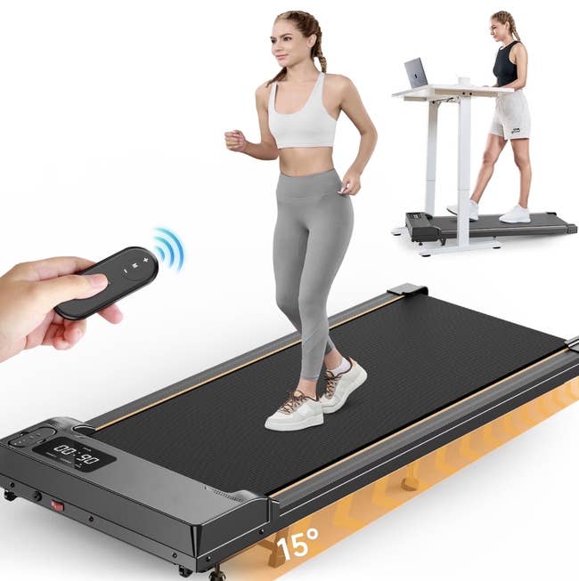 person walking connected a treadmill with remote; different stands connected a treadmill desk, showcasing a versatile fittingness and workspace setup