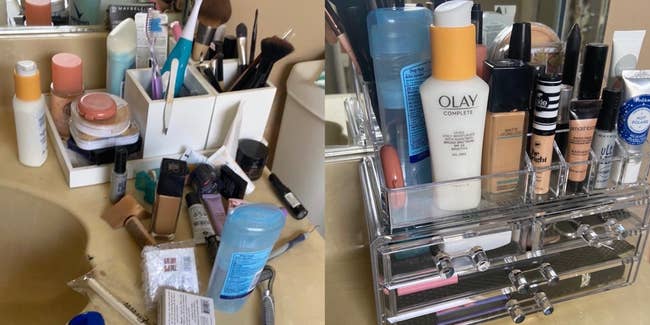 on the left, a clutter of a reviewer's cosmetic products and on the right, the same products looking tidy in the organizer