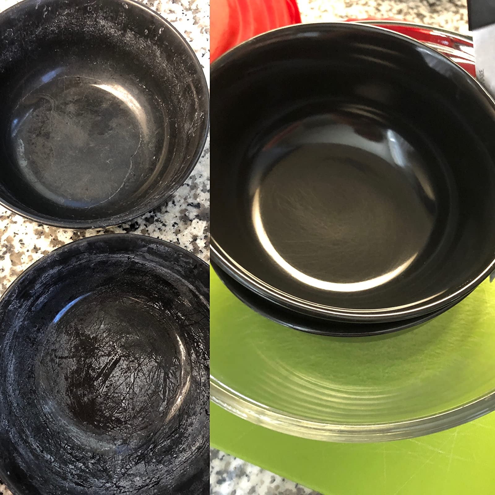 before and after reviewer images of dark bowls with white film on them becoming clean