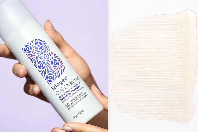 Model holding white shampoo bottle with purple graphic of a B, clear texture of shampoo product on a white background