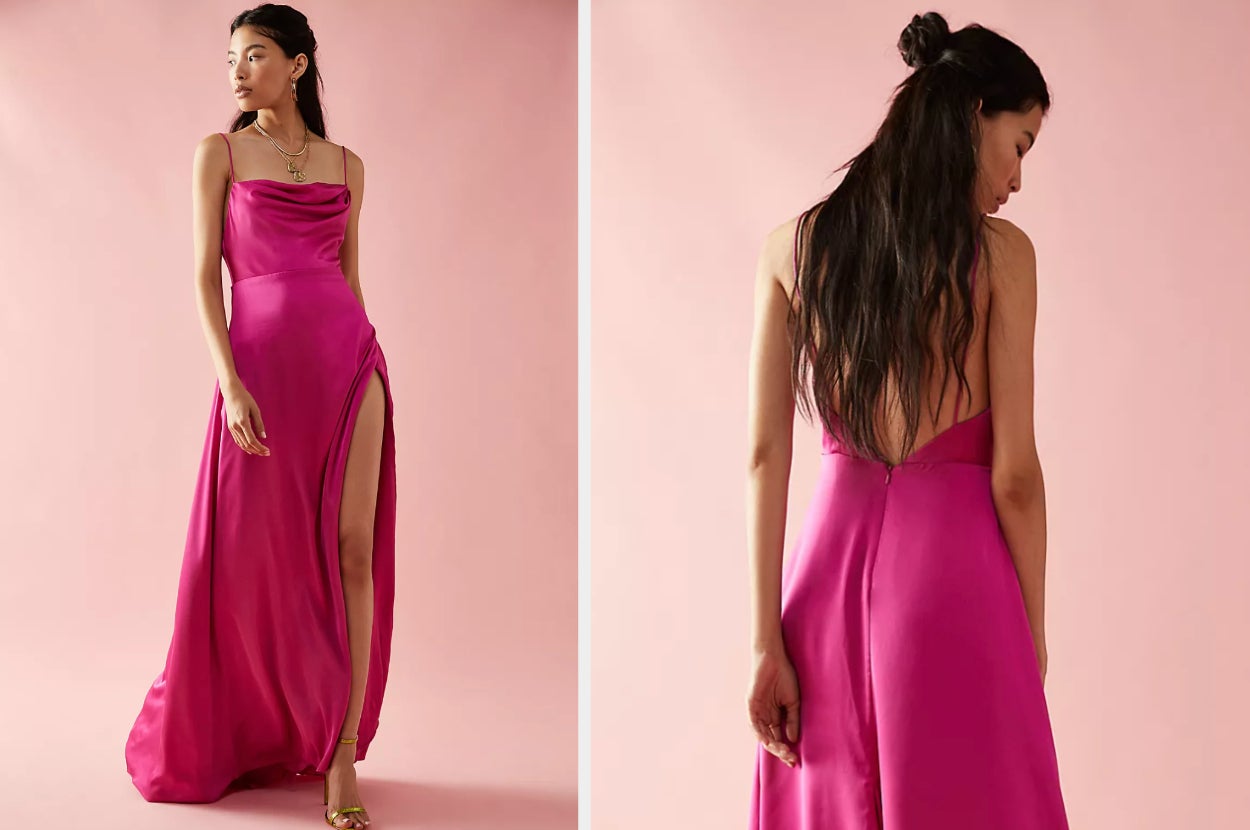 Model wearing maxi cowl neck hot pink dress with spaghetti straps and high leg slit, model showing backless back view of product
