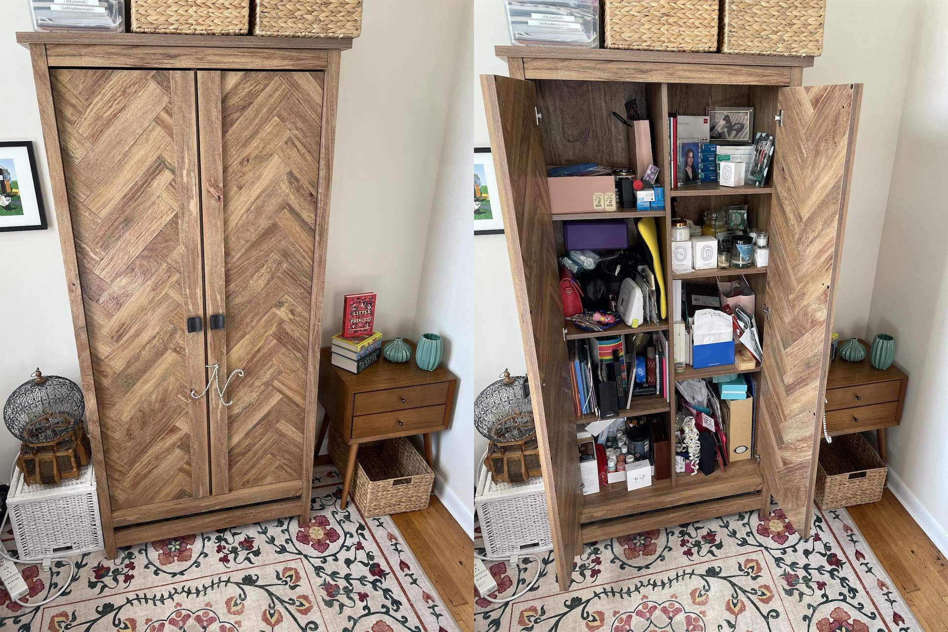 the tall brown storage cabinet closed and then open to show how much can fit inside