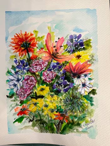 Watercolor painting of a vibrant bouquet with assorted flowers, including lilies, daisies, and others in full bloom