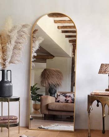 Arched full-length mirror in a cozy room with decorative plants and furniture, reflecting a rustic interior. Perfect for home decor